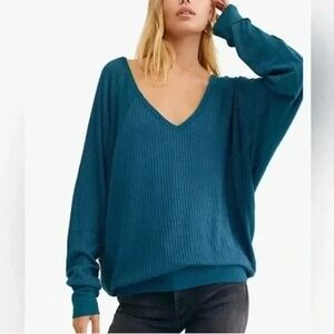 We the Free People Large Teal Waffle Knit Thermal Top Exposted Seam Boho
